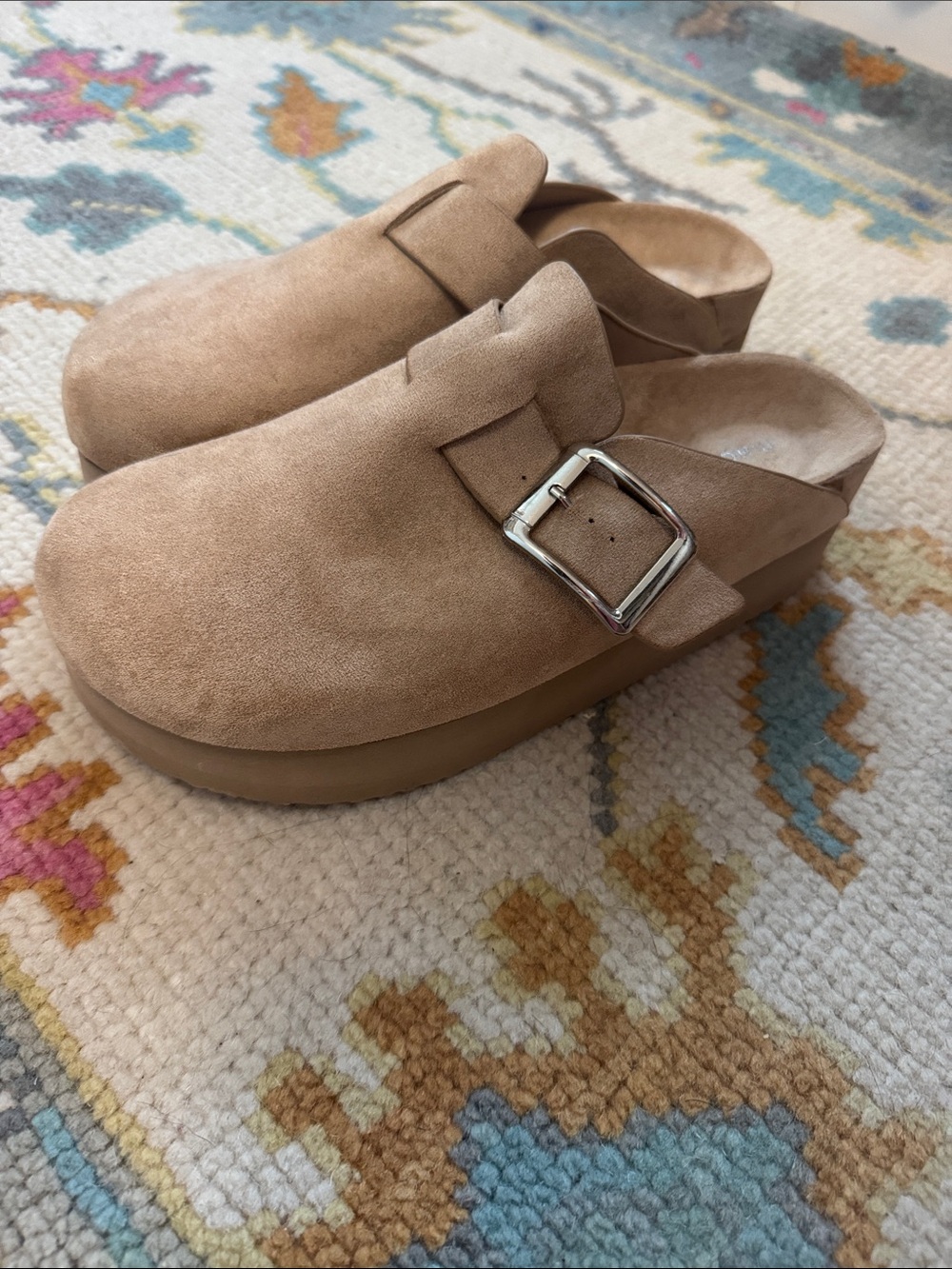 Madden Girl Suede Buckle Clog Mules in Tan